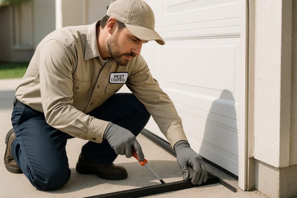 Pest control professional installing garage door weather sealing to block pests and drafts.