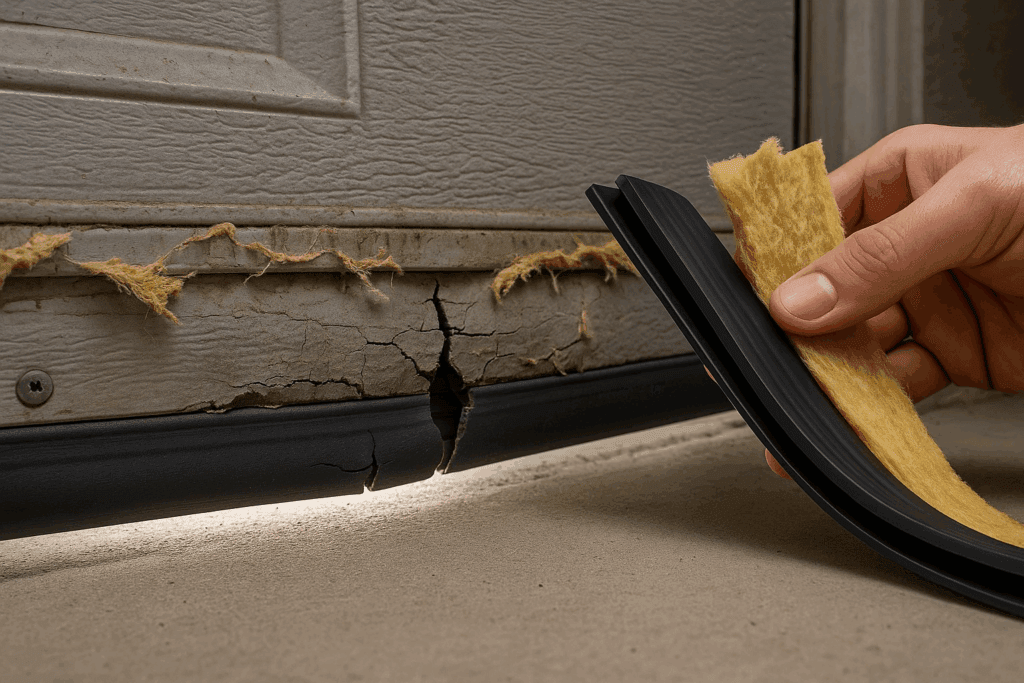 Garage Door Safety Tips and Repair Options in Conroe, TX 4 Close-up of cracked garage door bottom with damaged seal and insulation, showing need for garage door repairs.