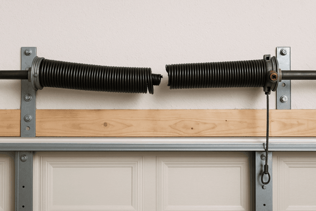 Garage Door Safety Tips and Repair Options in Conroe, TX 3 Close-up of a broken garage door torsion spring, highlighting urgent need for garage door repairs.