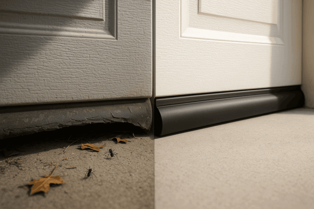 Preventing Mold and Moisture with Garage Door Weather Stripping in Conroe 4 Before and after garage door weather stripping showing improved bottom seal against pests and debris.