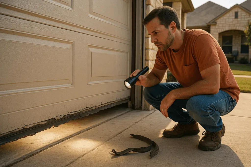 Man inspecting damaged bottom seal with flashlight, preparing to repair garage door weather stripping.