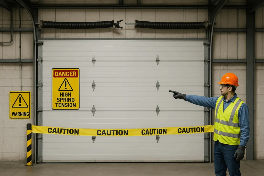 Technician pointing at broken torsion spring during commercial garage door repair.