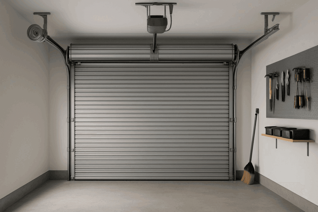Garage Door Types Built for Strength and Longevity in Conroe, TX: What Works Best 4 Interior view of modern roll-up garage doors with organized tool wall.