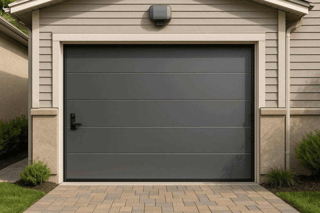 Garage Door Types Built for Strength and Longevity in Conroe, TX: What Works Best 3 Steel gray modern garage doors on residential home exterior.