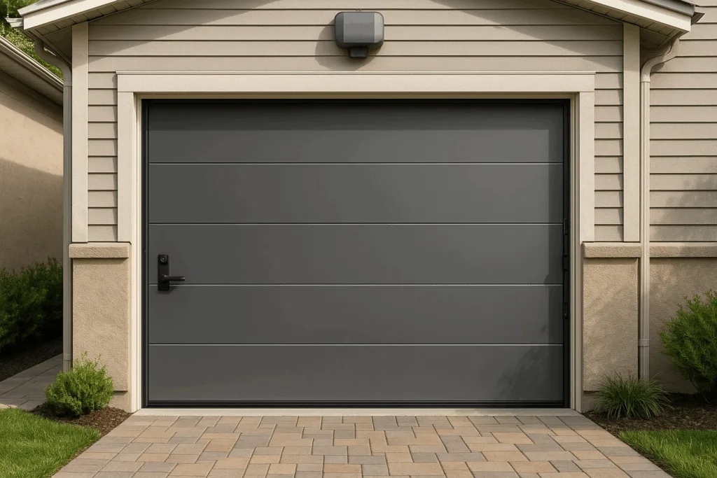 Steel gray modern garage doors on residential home exterior.