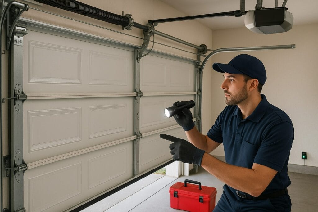 Conroe, TX Garage Door Maintenance: Enhance Performance with Regular Inspections 3 Technician performing garage door maintenance by inspecting torsion springs and mechanical parts for safe operation.