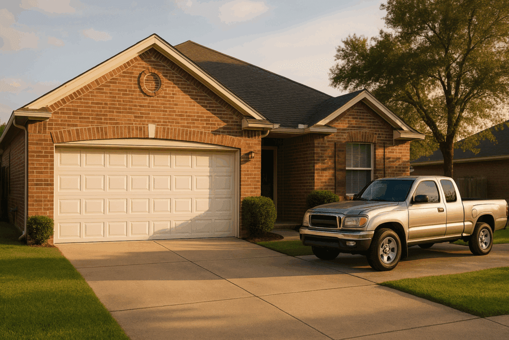 Conroe, TX Garage Door Maintenance: Enhance Performance with Regular Inspections 4 Clean and well-maintained suburban home with a freshly serviced garage door after routine garage door maintenance.