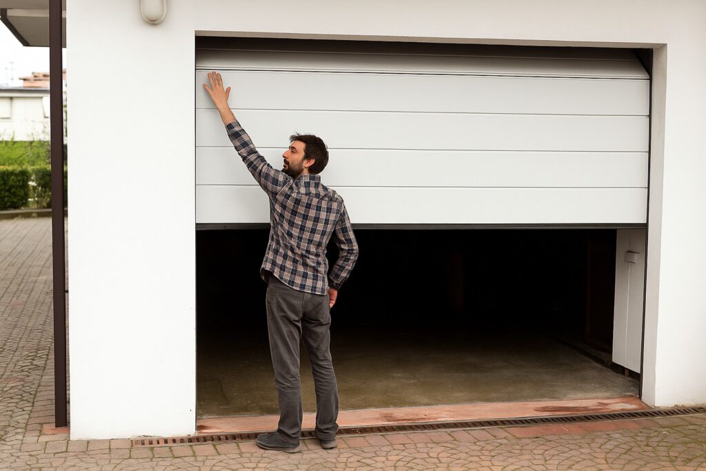 How to Spot Early Warning Signs That Your Garage Door Needs Repair 3 Garage door repair homeowner checking a stuck garage door panel.
