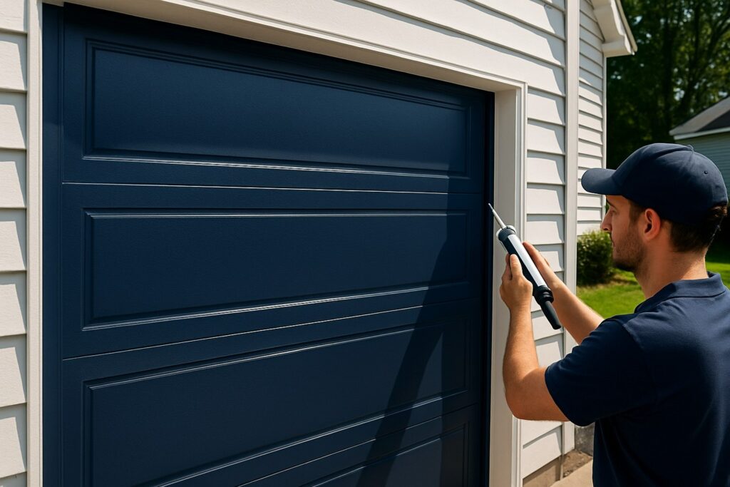 Technician applying sealant around a modern navy door during a garage door tune-up to improve insulation and weather protection.