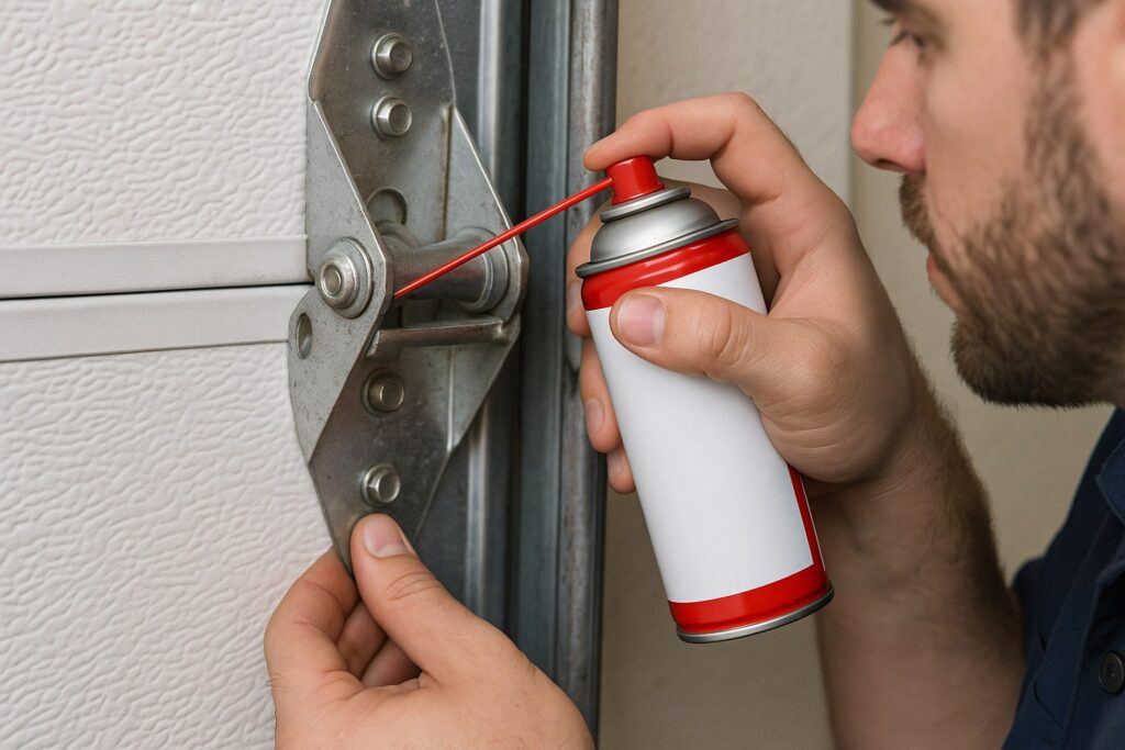 The technician applies lubricant to door hinges during a garage door tune-up to ensure smooth and quiet operation.